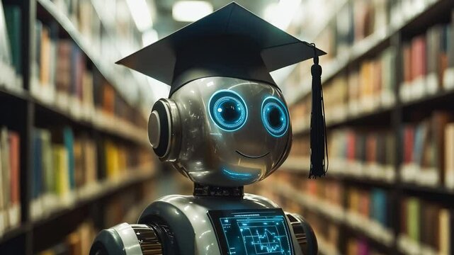 A cute robot wearing a graduation cap navigates through a library, showcasing the concept of artificial intelligence and machine learning