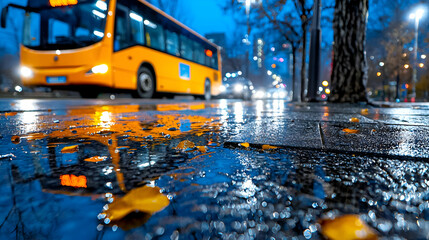 A vibrant city scene featuring a yellow bus on a rainy street, with reflections of autumn leaves on wet pavement, illuminated by urban lights.
