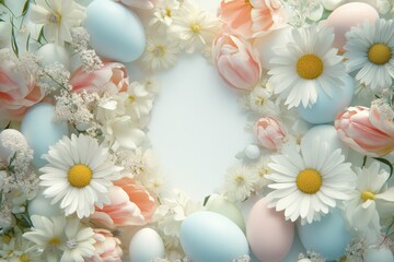 Obraz premium Delightful spring celebration featuring pastel eggs nestled among blooming flowers in an enchanting floral arrangement