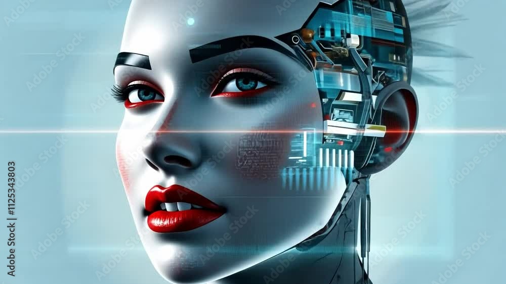 Poster advanced artificial intelligence and robotics in a human form, featuring a sleek, futuristic design 