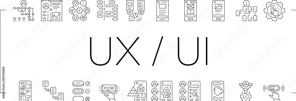 Poster ui ux design agency user develop icons set vector. phone button, marketing website, web app, mobile 
