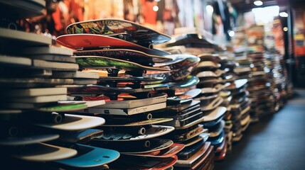 A photo of a stack of skateboards in a skate shop.