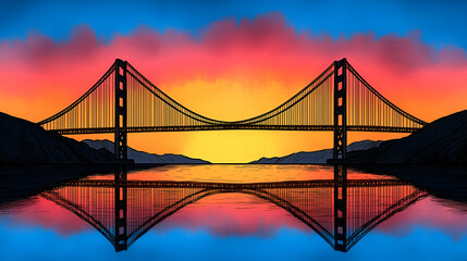 Obraz premium Vibrant sunset over a bridge with a colorful sky reflecting in calm waters, creating a serene and picturesque scene.
