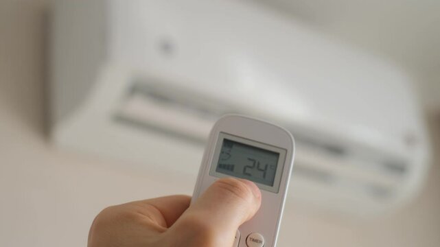 Man turns on air conditioner with remote control, close-up