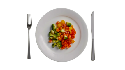 Top View of Vegetables Salad Served on White Plate for Low Calorie Diet isolated on transparent background