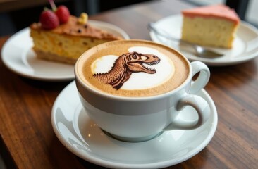 The dinosaur is depicted using cinnamon powder on a cappuccino foam, latte on a cafe table, next to...