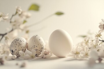Obraz premium Delicate spring display with blooming flowers and beautifully arranged eggs capturing the essence of renewal and tranquility
