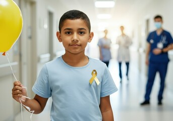 Child with a gold ribbon supporting childhood cancer awareness stands in a hospital corridor holding a yellow balloon