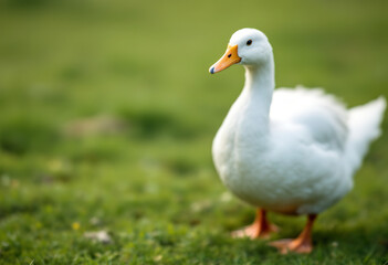Obraz premium A white duck with a yellow beak and eye standing in a grassy field
