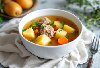 a white bowl containing clear broth with chunks of meat, potatoes, and carrots
