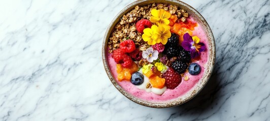 Vibrant Berry Smoothie Bowl with Granola and Edible Flowers