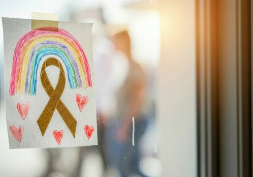 Gold ribbon, rainbow and hearts child's drawing representing childhood cancer awareness, attached to a window