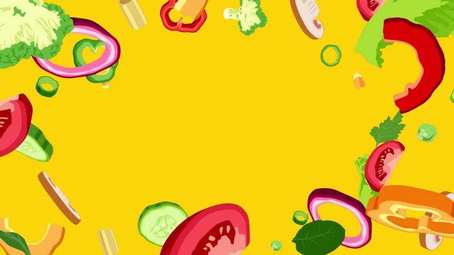 Cartoon vector vegetables fly from the center of the frame towards camera and stop. Animated frame of sliced vegetables  rotating in 3d space on a transparent alpha channel.