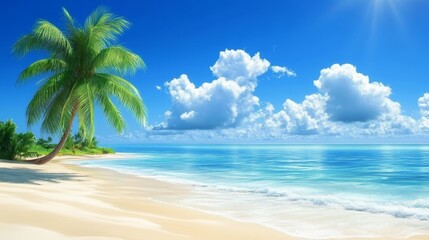 A serene beach scene with palm trees, clear water, and fluffy cloud under a bright blue sky.