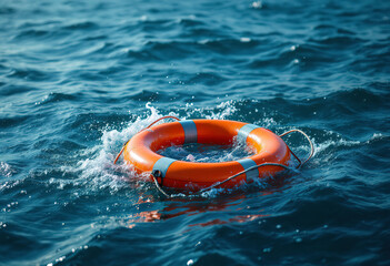 An orange life preserver floating in the blue ocean with splashing water around it