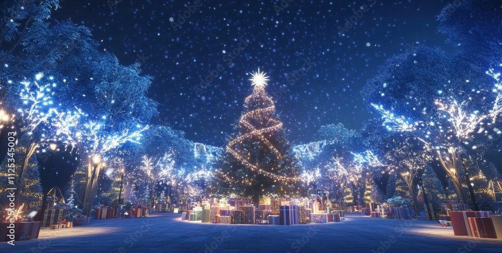 Poster snowy christmas landscape with trees and lights, a large decorated tree in the center surrounded by 