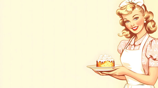 Vintage-inspired illustration of a smiling woman holding a dessert