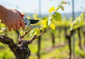 Close-up of a winegrower's hand using secateurs, pruning a grapevine in a sunlit vineyard during springtime