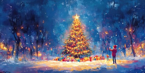 Naklejka premium A beautiful Christmas tree with colorful lights stands in the snow, surrounded by forest trees and glowing stars There is also an array of gifts beneath it The sky above has a deep blue Generative AI