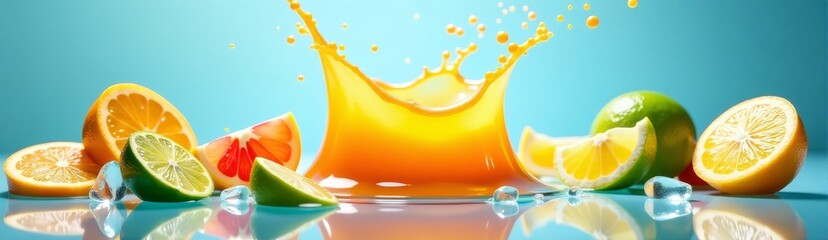 Refreshing Splash of Citrus Juice with Flying Ice and Droplets