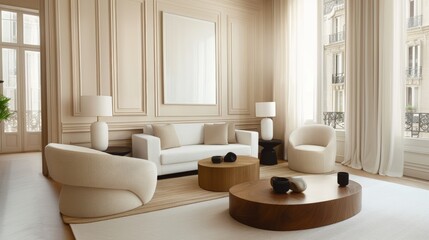 Fototapeta premium Wooden coffee table and armchairs next to white sofa with cushions. Wall with art frame. Design of modern living room.
