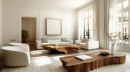 Fototapeta premium Minimalist interior design of modern spacious living room with blank art frame, white sofa, natural wooden coffee, two armchairs.