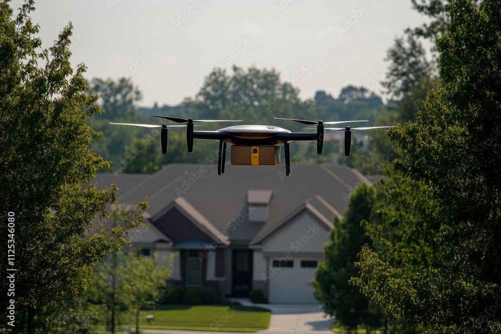 Poster sleek autonomous drone hovering above a suburban neighborhood while carrying a package beneath its f