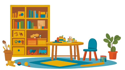 Obraz premium Modern cartoon illustration setting of kindergarten interior design furniture and toys, including wooden table, chair, bookshelf, and education isolated on transparent background