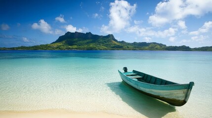 Fototapeta premium A serene beach scene featuring a boat near a tropical island under a clear blue sky.