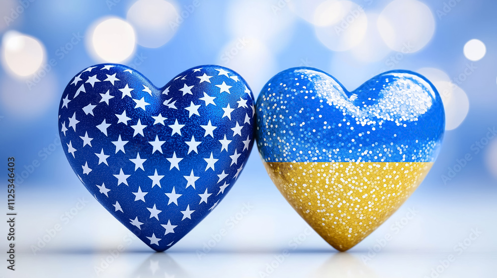 Poster two hearts symbolize love and unity with ukrainian flag colors on a soft backdrop