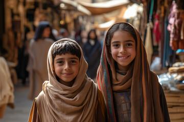 Smiling children with headscarves in a Middle Eastern market. 