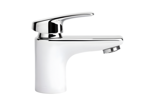 Modern white bathroom faucet with chrome handle isolated on transparent background, perfect for plumbing tools, bathroom interior mockups, sanitary ware catalogs, or kitchen design elements