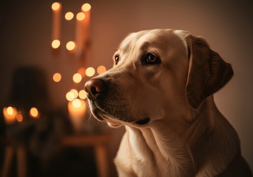 Golden labrador retriever dog posing at home with christmas lights in the background