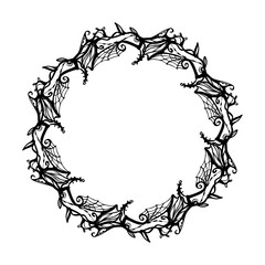 Black vector wreath with branches and web, gothic doodles.