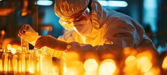 Lab Technician in Protective Gear Working with Glass Bottles in a Factory Setting
