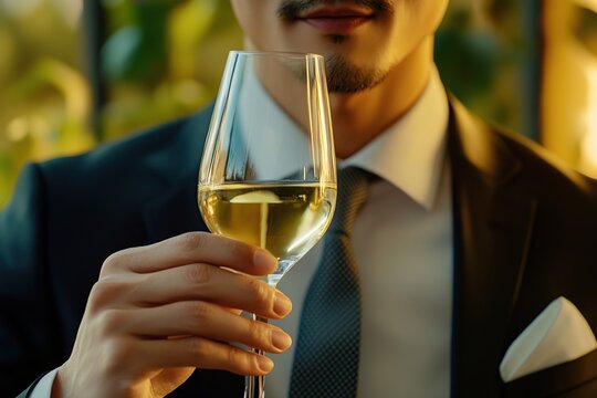 Handsome man sommelier degustator tasting white wine in wine glass