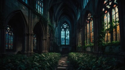 Obraz premium Haunting medieval scene blending architecture, decay, and serenity. 