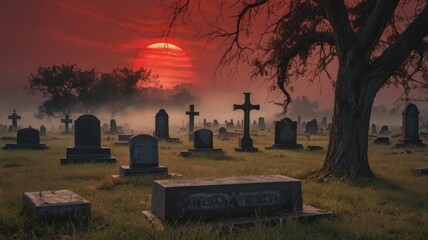 Ancient cemetery with weathered tombstones, overgrown grass, and a faint mist rolling in under a blood-red sunset