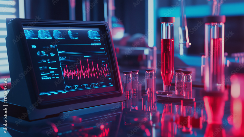 Poster a futuristic blood analysis machine displays vibrant data and samples in a high-tech laboratory envi