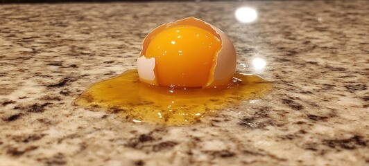 A Broken Egg Yolk on a Granite Countertop