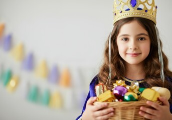 Girl wearing queen costume holding wicker basket full of christmas gifts and decorations