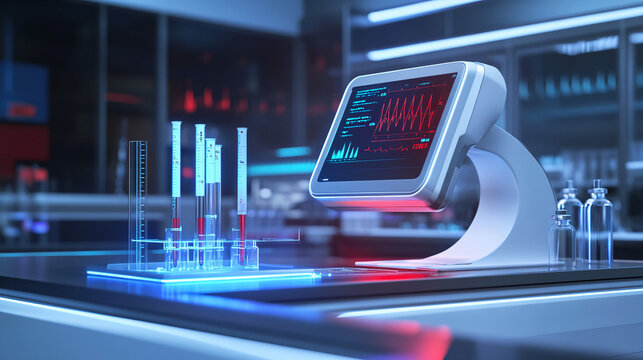 A futuristic blood analysis machine displaying data with glowing test tubes in a modern laboratory setting highlighting advanced technology