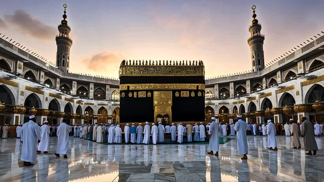 Pilgrims Gathering Around the Kaaba in Mecca's Grand Mosque During Sunrise in a Spiritual and Sacred Setting

