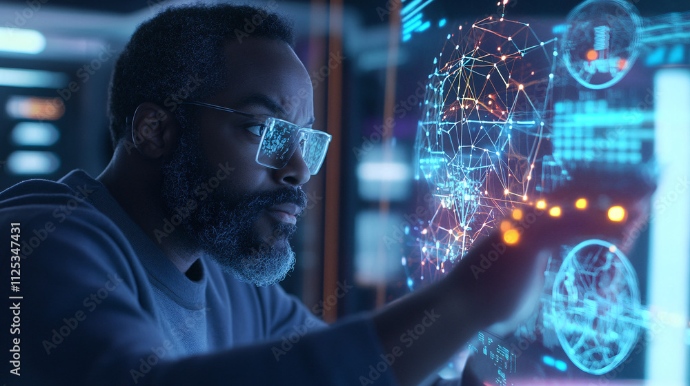 Aufkleber a middle-aged black male developer interacts with a futuristic digital interface, focusing intently 