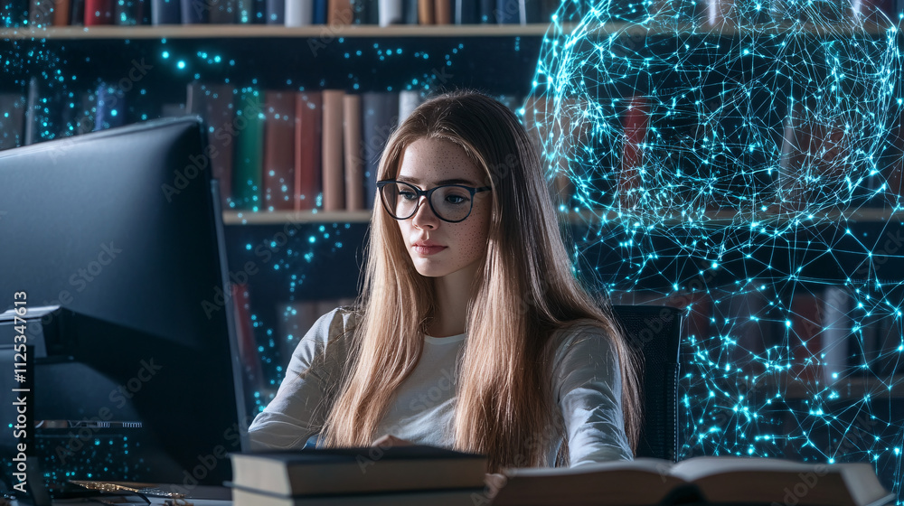 Aufkleber a white female developer with glasses works intently at a computer in a library setting, surrounded 