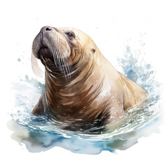Fototapeta premium Watercolor Walrus in Water isolated on white or transparent background, png clipart, design element