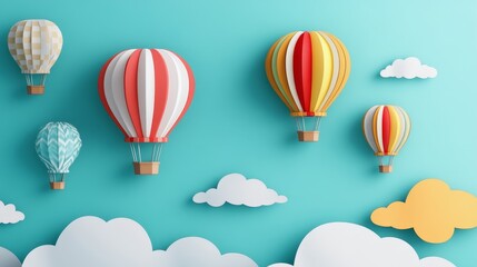 Colorful paper hot air balloon floating among cloud on a blue background.