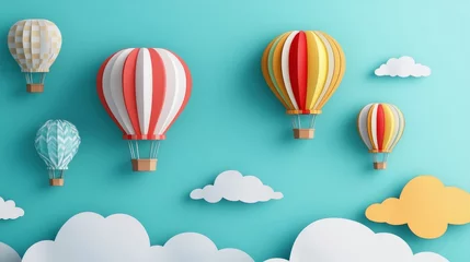 Fotobehang Luchtballon Colorful paper hot air balloon floating among cloud on a blue background.  © Matthew
