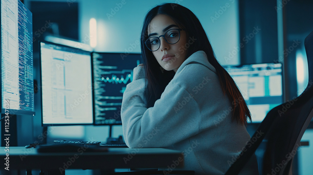 Aufkleber a young latina developer in a casual hoodie sits thoughtfully at her desk surrounded by computer scr