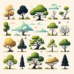 Vector collection of beautiful and simple trees with flatdesign